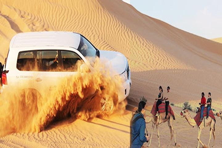 Experience the thrill of dune bashing alongside the charm of a camel ride as you explore the stunning Arabian desert creating unforgettable memories with loved ones under the vast sky.
